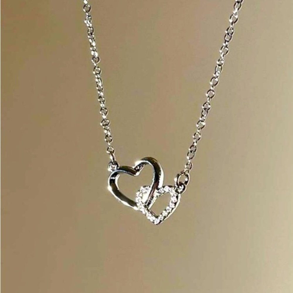 Silver Double Heart Pendant With Chain
